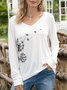 White Floral-print V Neck Long Sleeve Casual Shirt