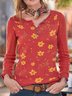 Orange Red Printed Long Sleeve Floral Sweater