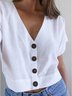 Women V-Neck Buttoned Solid Casual Blouses
