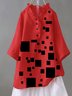 Red Cotton-Blend Short Sleeve Geometric Tops
