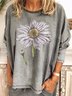 Gray Long Sleeve Crew Neck Floral Cotton Shirts & Tops