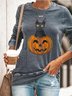 Pumpkin &Cat Printed Gray Long Sleeve Cotton-Blend Crew Neck Sweatshirts
