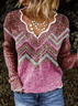 Color-Block Vintage Plunging Neck Long Sleeve Sweater