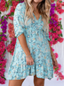 Short Sleeve Floral Cotton-Blend Boho Weaving Dress