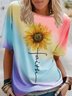 Casual Tie-dyed and Sunflower Print T-shirt