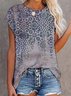 Paisley  Short Sleeve Printed  Cotton-blend  Crew Neck Vintage  Summer  Gray Top