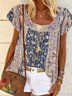 Vintage Short Sleeve Crew Neck Geometric Floral Printed Plus Size Casual Tops
