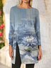Casual and simple lotus gradient color printing round neck long sleeve slit polyester cotton top