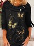 Butterfly Printed  Long Sleeve Round Neck Casual T-T-shirt