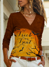 Casual Trick And Treat Letter Color Block V-neck Top Women