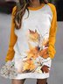 Yellow Leaves Print Casual Raglan Sleeve Round Neck Mini Dress