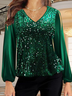 Long sleeve crew neck plain patterned beaded fabric Pullover Top