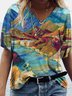 Vintage Art  Classic V Neck Painted Vacation Short Sleeve T-Shirt