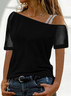 One Shoulder See-Through Look Casual Short Sleeve Tops