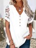 Plain Lace Buttoned Short Sleeve Tops