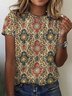 Ethnic Floral Design Crew Neck Knit Short Sleeve T-Shirt