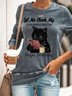 Womens Funny Letter Black Cat Crew Neck Sweatshirt