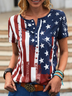 Women's Geometric gradient star button Easter American flag print top T-shirt