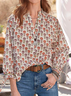 Casual Floral Autumn Polyester V neck No Elasticity Loose Long sleeve Regular Tops for Women