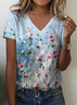 Floral Cotton-Blend V Neck Casual T-Shirt