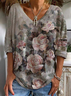 Women Casual Floral Autumn V neck Daily Long sleeve Off Shoulder Sleeve H-Line Regular Size T-shirt