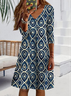 Casual Ethnic Autumn Polyester V neck Natural Midi Long sleeve A-Line Dresses for Women