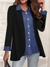 Casual Faux Two Piece Long Sleeve Black Blouse