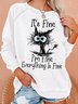 Womens Funny I Am Fine Black Cat Letter Crew Neck Sweatshirt