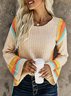 Casual Flare Sleeve Wool/Knitting Color Block Sweater