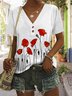 V Neck Casual Floral Memorial Day Loose  T-Shirt