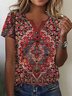 V Neck T-Shirt for Women Notched Ethnic Design Tops Red
