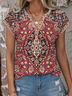 Summer Ethnic Pattern Design Notched Neck Loose T-Shirt