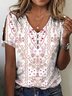 Ethnic Casual T-Shirt for Women Loose V Neck Summer Top White