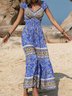 Womens V Neck Loose Boho Ethnic Maxi Dresses