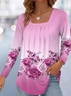 Women's Long Sleeve Blouse Spring/Fall Deep Pink Floral Square Neck Daily Going Out Casual Top