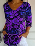 Women Floral V Neck Three Quarter Sleeve Casual Daily Spring/Fall T-shirt