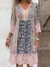 Women's Three Quarter Sleeve Spring/Fall Pink Floral Split Joint V Neck Daily Going Out Vintage Maxi A-Line T-Shirt Dress Dress