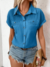 Women's Short Sleeve T-shirt Summer Blue Plain Shawl Collar Daily Going Out Casual Top