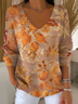 Women Maple Leaf V Neck Long Sleeve Casual Daily Spring/Fall T-shirt