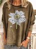 Women's Gray Long Sleeve Crew Neck Floral Cotton Shirt & Top