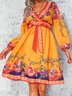 Cotton-Blend 3/4 Sleeve V Neck Floral Weaving Dress