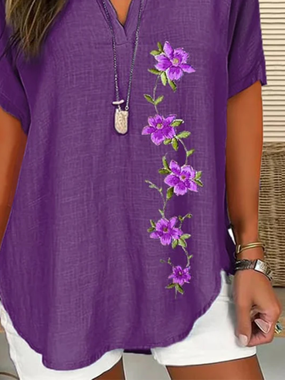 Notched Casual Embroidery Shirt